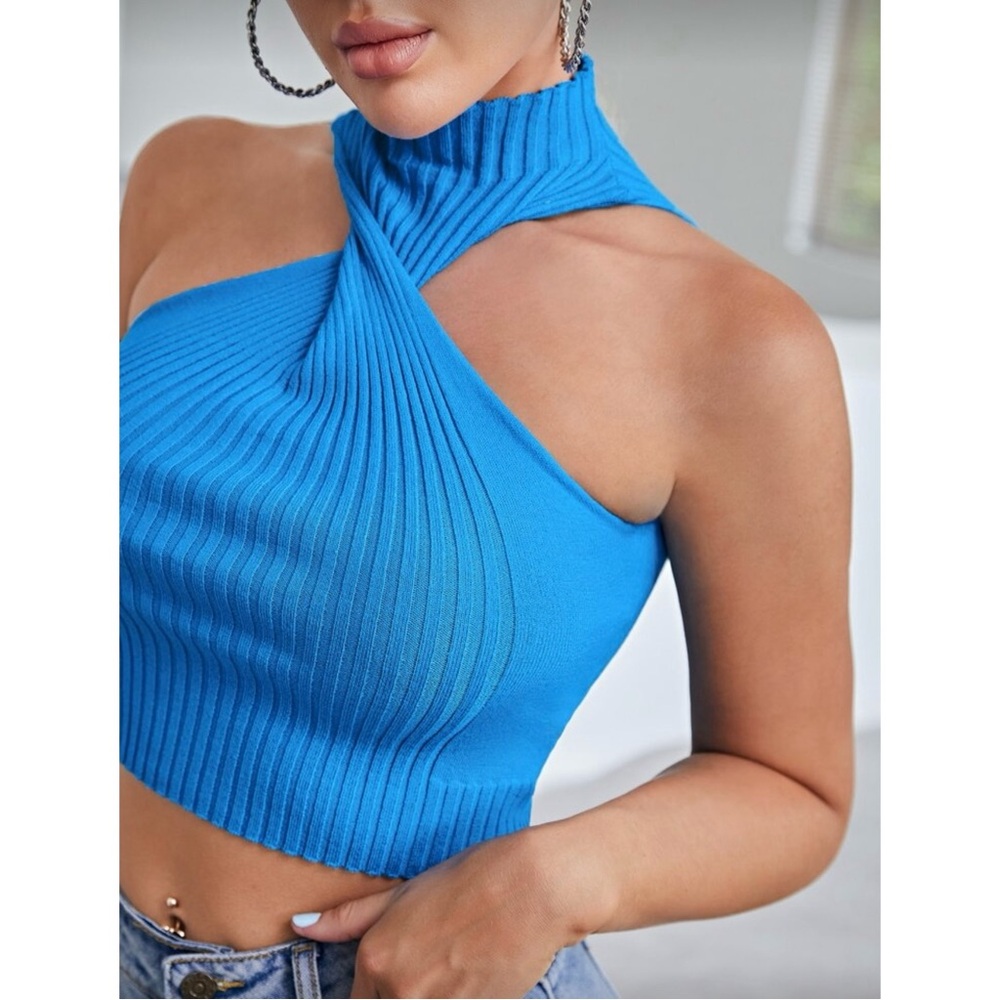 Blue Mock Neck Twist Detail Rib Knit Top